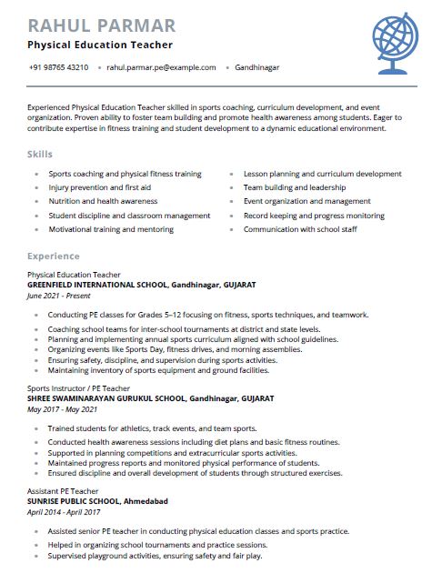 Physical Education Teacher Free Resume Template and Example – Download in Word