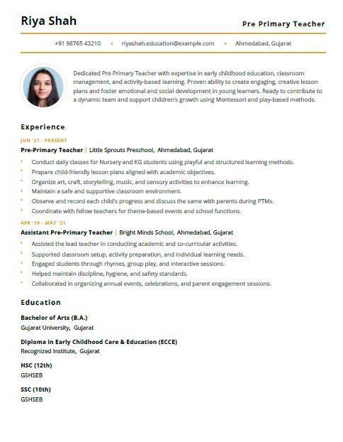 PrePrimary Teacher Free Resume Template and Example – Download in Word