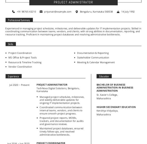 Project Administrator Resume Format Free Download in Word