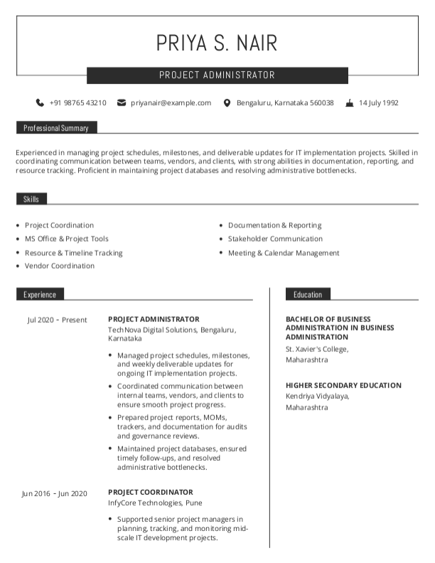Project Administrator Resume Format Free Download in Word