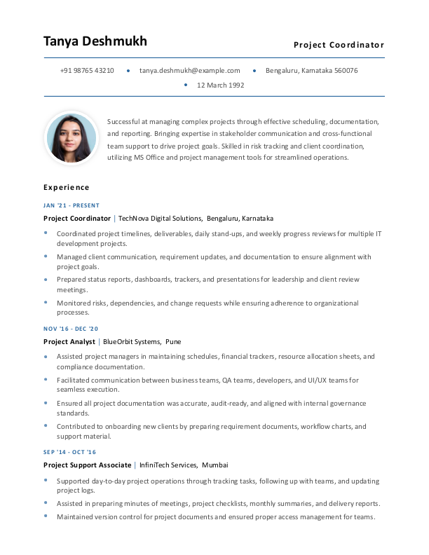 Project Coordinator Resume Format Free Download in Word