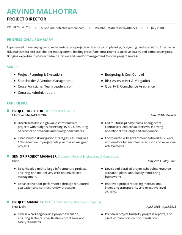 Project Director Resume Format and Template in Word