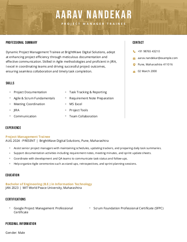 Project Management Trainee Resume Format and Template in Word