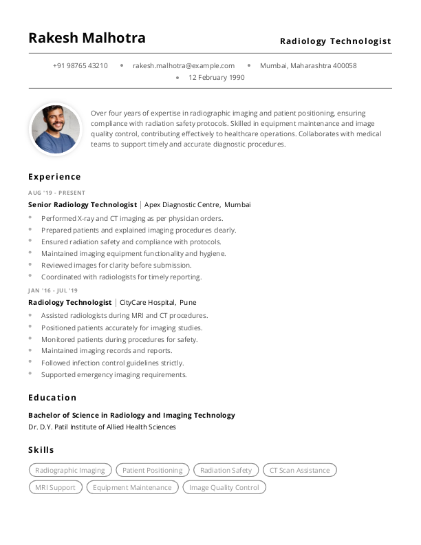 Radiology Technologist Resume format to Download & Edit in Word