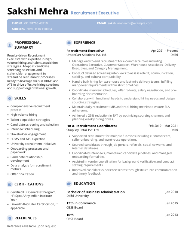 Recruitment Executive Resume Format and Template in Word