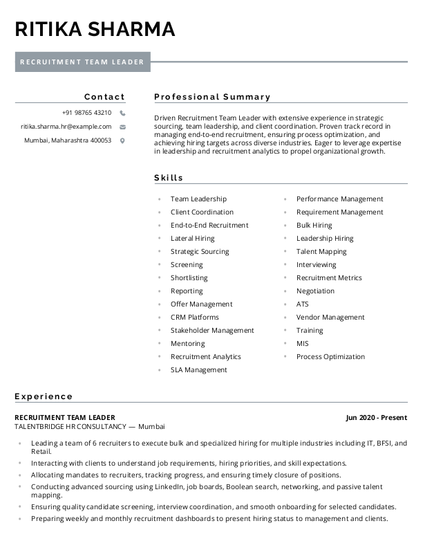 Recruitment TeamLeader Resume Format & Template in Word
