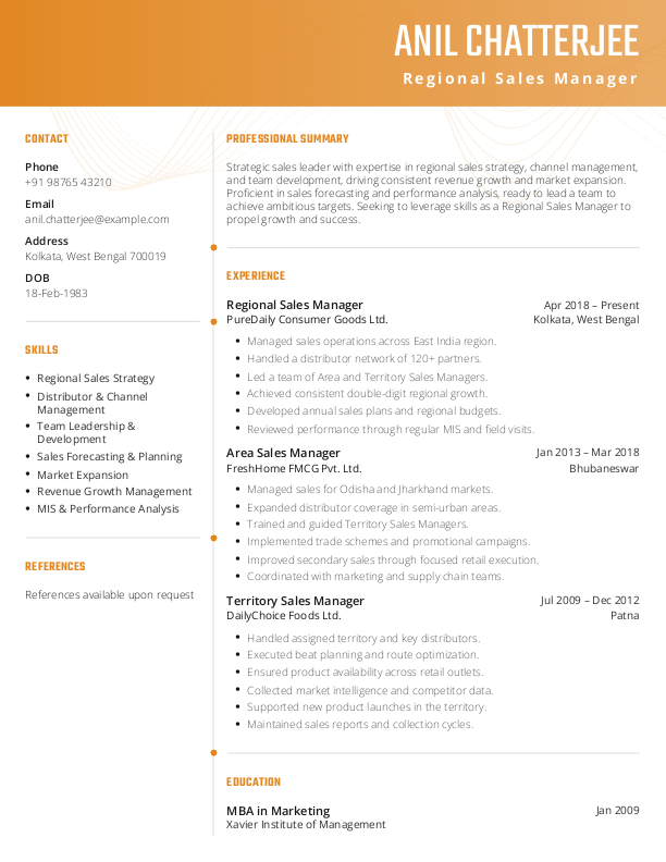 Regional Sales Manager Resume Format Free Download in Word