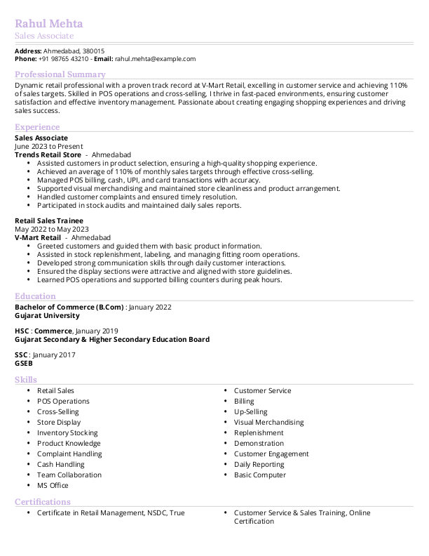 Retail Sales Associate Resume Format and Template in Word