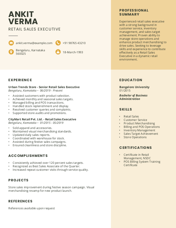Retail Sales Executive Resume format to Download & Edit in Word