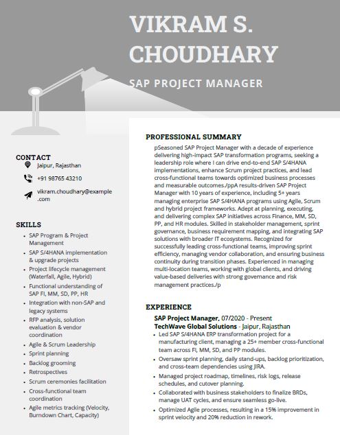 SAP Project Manager Resume Format Free Download in Word