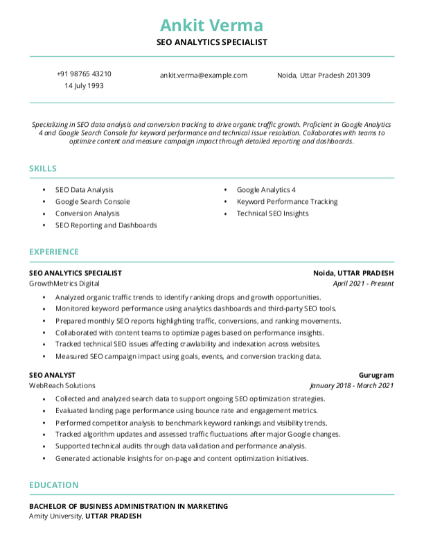SEO Analytics Specialist Resume example to Download & Edit in Word