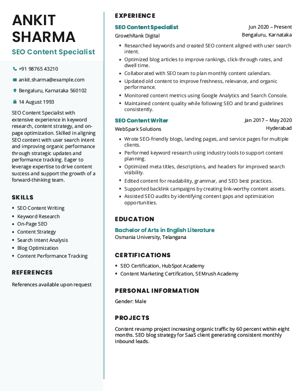 SEO Content Specialist Resume example to Download & Edit in Word