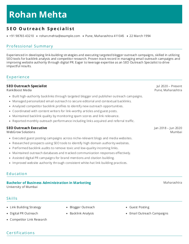 SEO Outreach Specialist Resume example to Download & Edit in Word