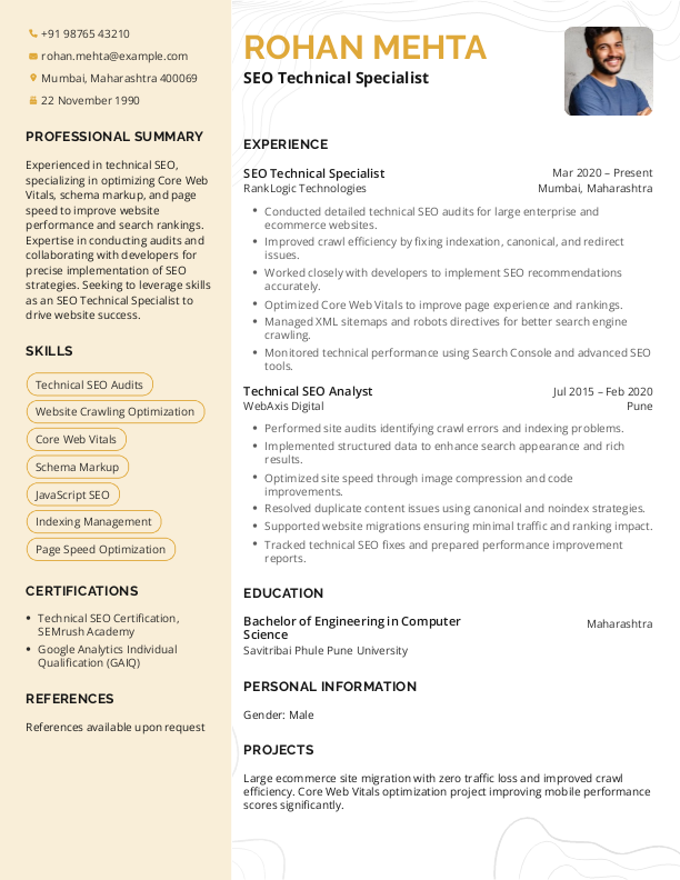 SEO Technical Specialist Resume example to Download & Edit in Word