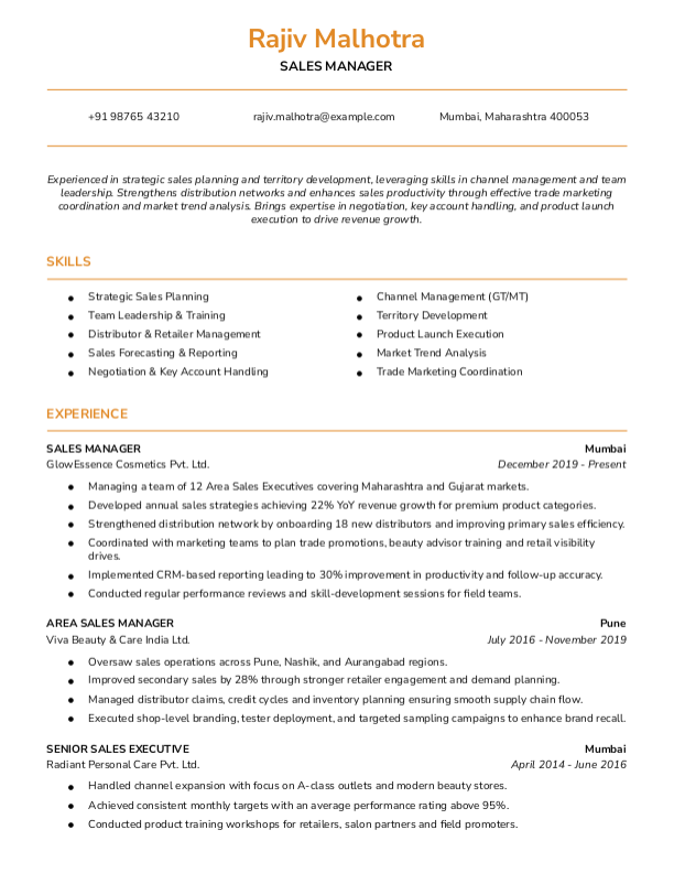 Sales Manager Resume Format and Template in Word