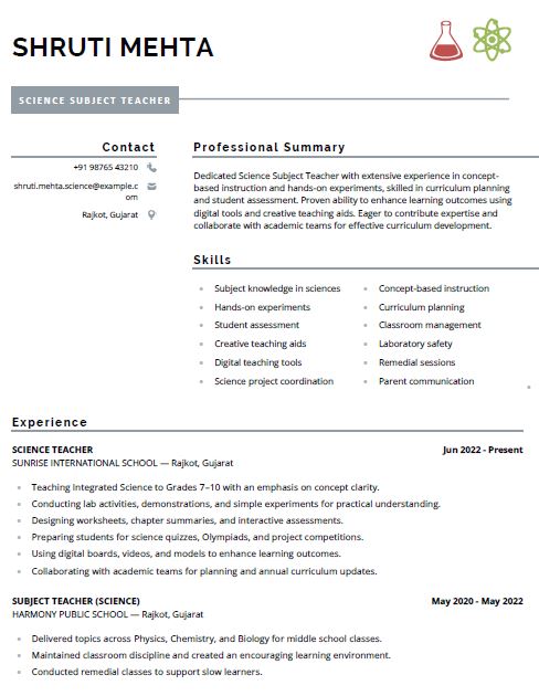 Science Teacher Free Resume Template and Example – Download in Word
