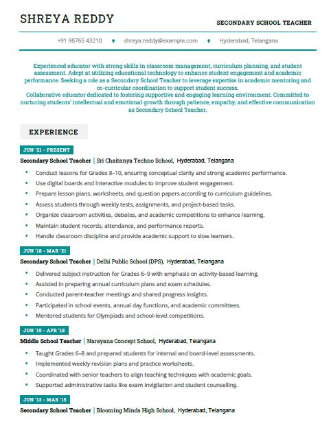 Secondary School Teacher Resume Format Free Download in Word
