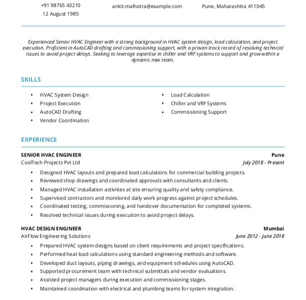 Senior HVAC Engineer Resume example to Download & Edit in Word
