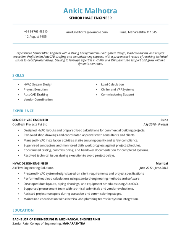 Senior HVAC Engineer Resume example to Download & Edit in Word