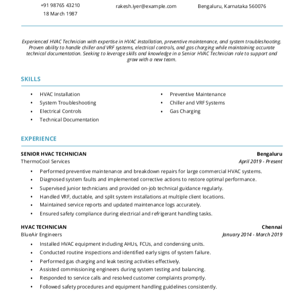 Senior HVAC Technician Resume example to Download & Edit in Word