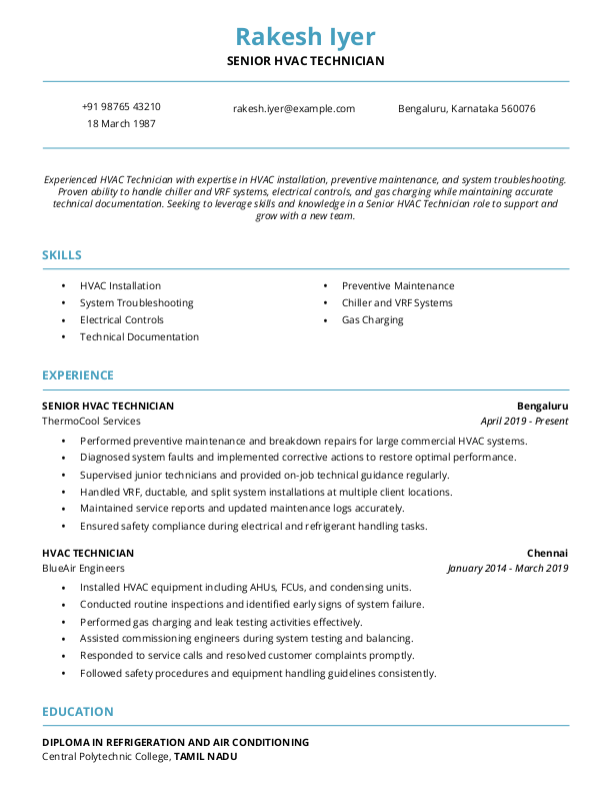 Senior HVAC Technician Resume example to Download & Edit in Word