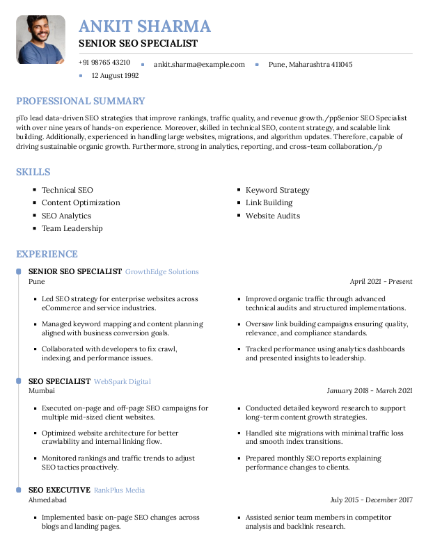 Senior SEO Specialist Resume example to Download & Edit in Word