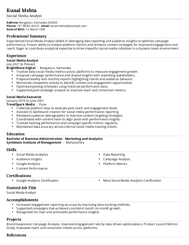 Social Media Analyst Resume example to Download & Edit in Word