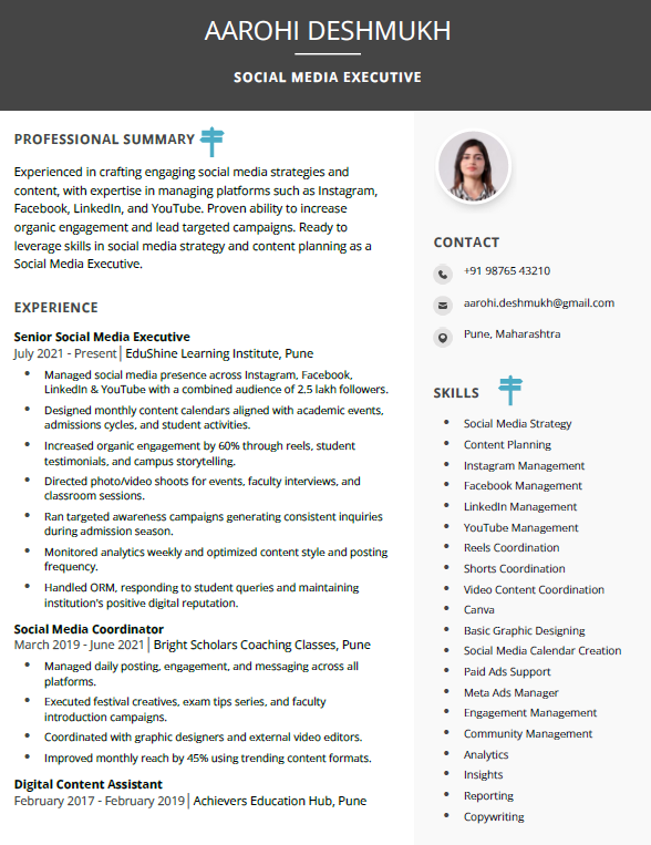 Social Media Executive Resume template for Education Industry