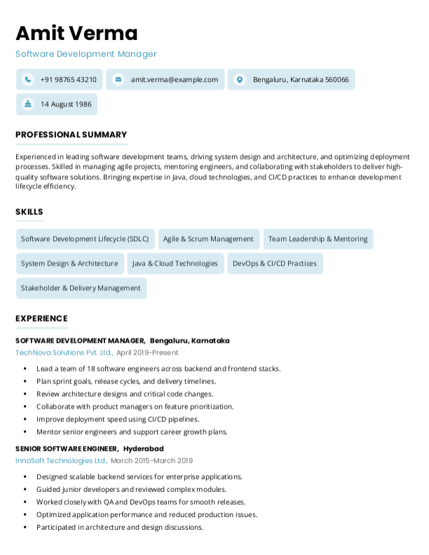 Software Development Manager Resume Format Free Download in Word