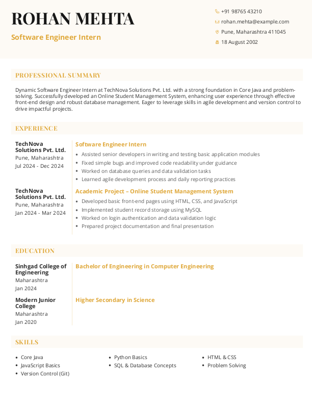 Software Engineer Intern Resume Format Free Download in Word
