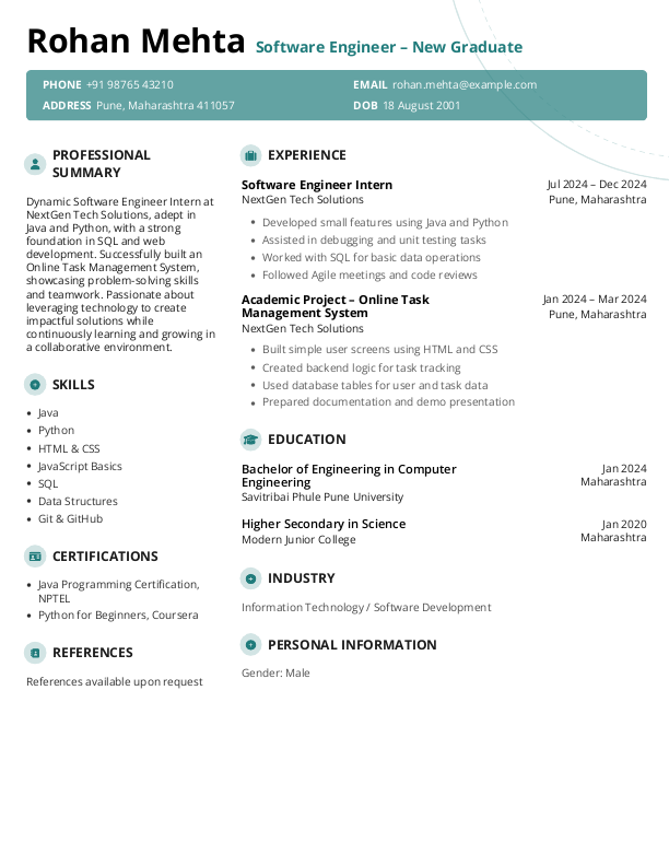 Software Engineer New Grad Resume Format Free Download in Word