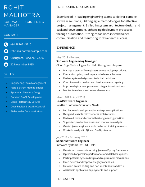 Software Engineering Manager Resume Format Free Download in Word