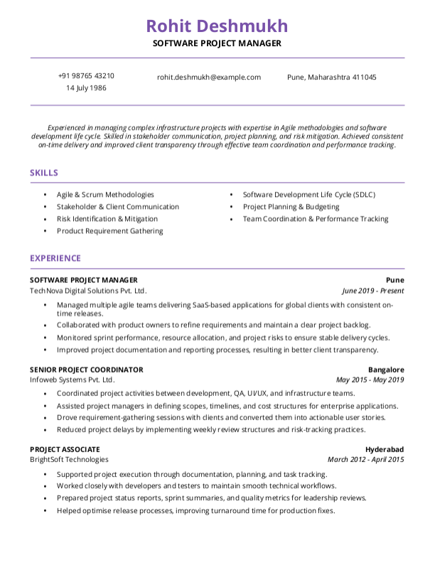 Software Project Manager Resume Format and Template in Word