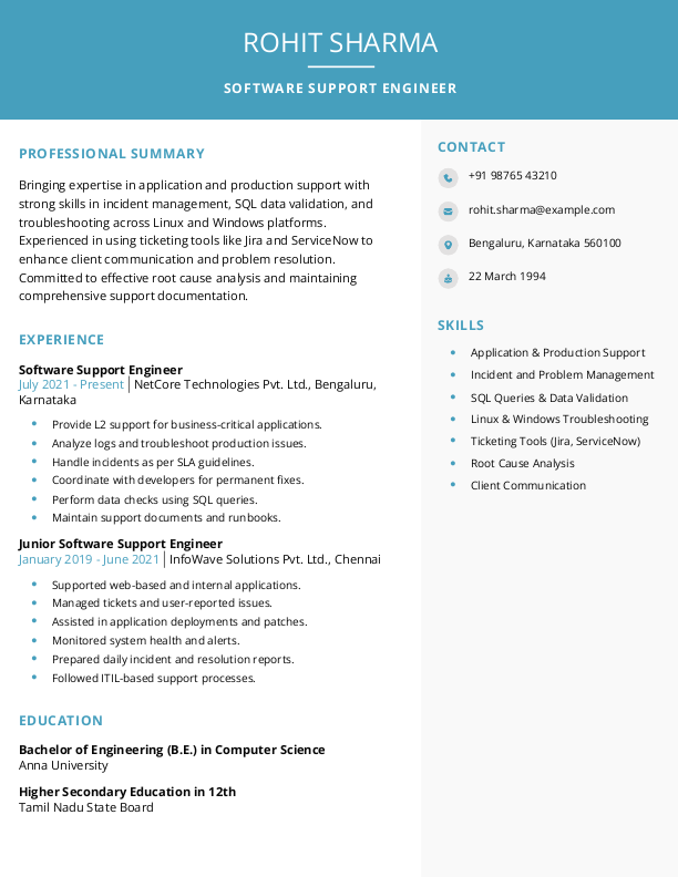 Software Support Engineer Resume Format Free Download in Word
