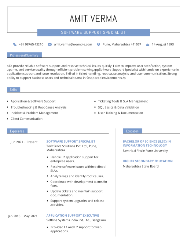 Software Support Specialist Resume Format Free Download in Word