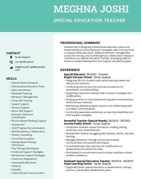 Special Education Teacher Free Resume Template and Example – Download in Word