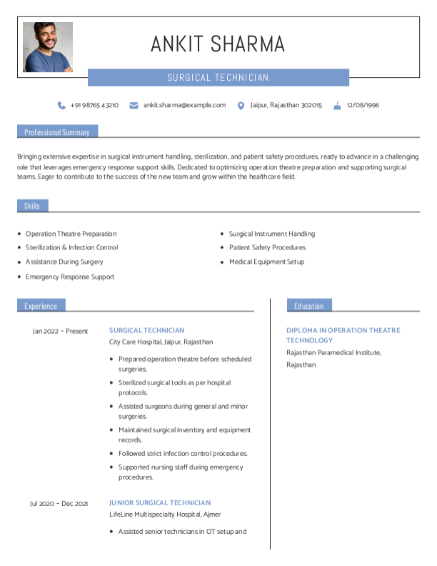 Surgical Technician Resume format to Download & Edit in Word