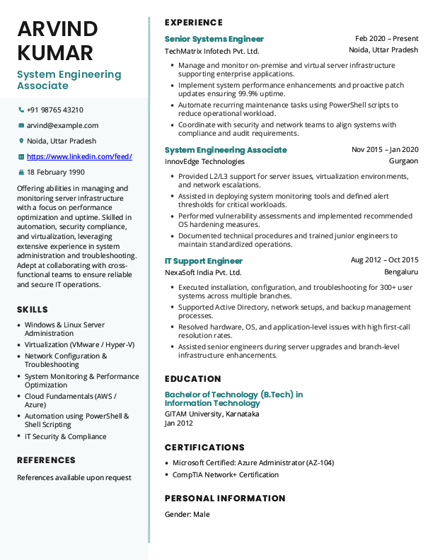 System engineering Associate Resume Format and Template in Word