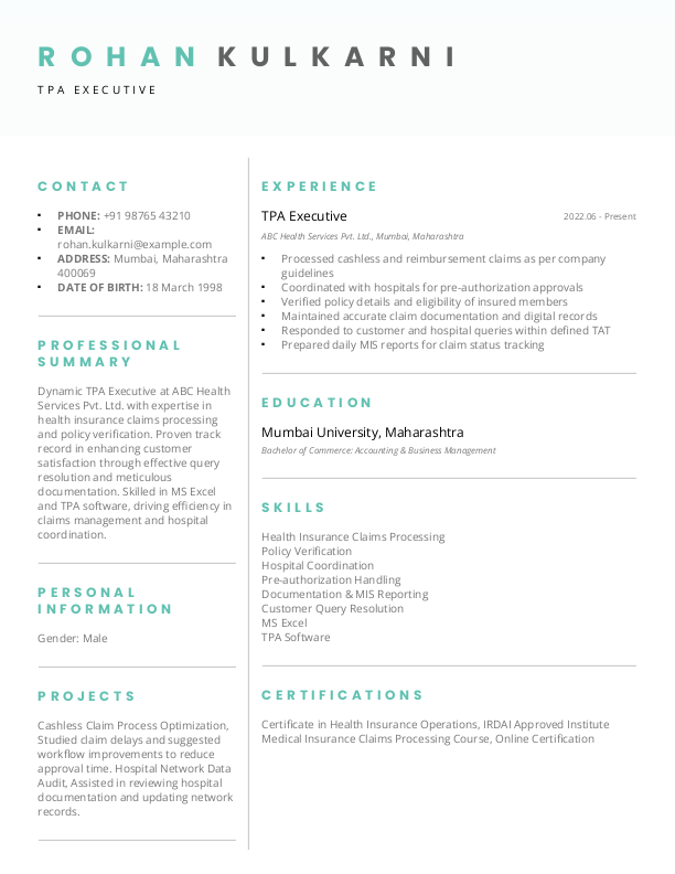 TPA Executive Resume Format Free Download in Word
