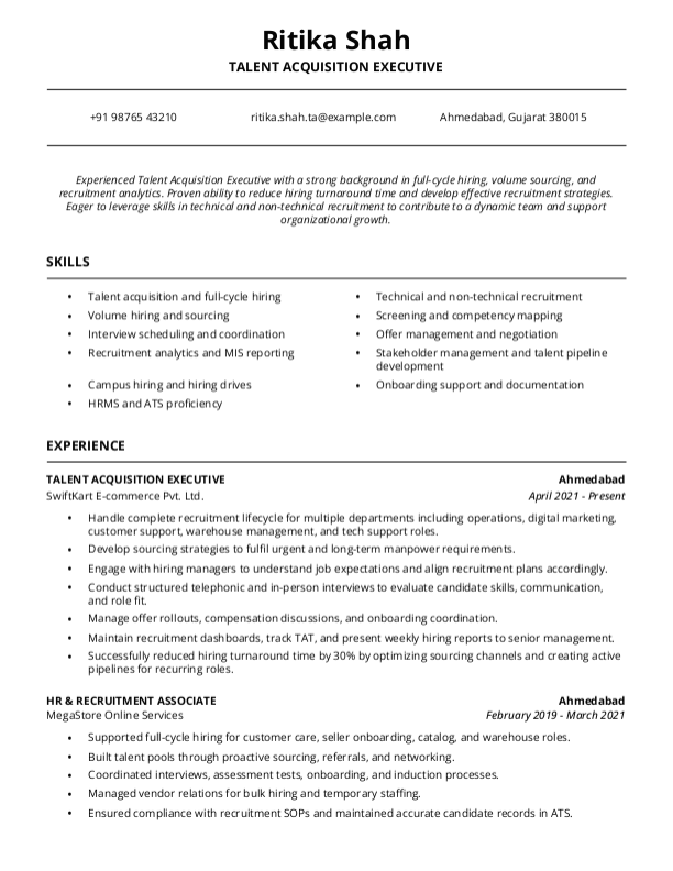 Talent Acquisition Executive Resume Format & Template in Word
