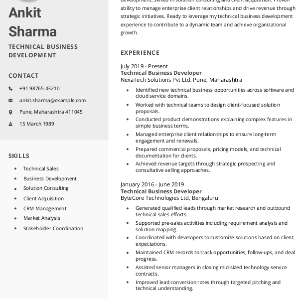 Technical Business Development Resume example to Download & Edit in Word