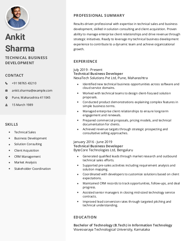 Technical Business Development Resume example to Download & Edit in Word