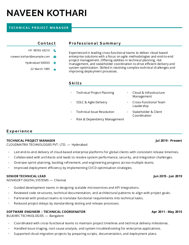 Technical Project Manager Resume Format and Template in Word