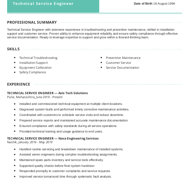 Technical Service Engineer Resume example to Download & Edit in Word