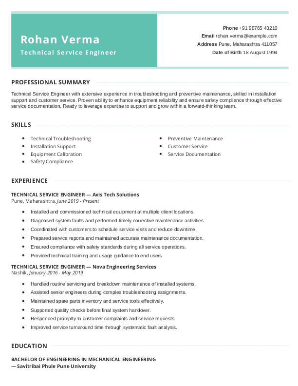 Technical Service Engineer Resume example to Download & Edit in Word