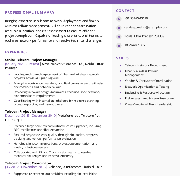 Telecom Project Manager Resume Format Free Download in Word