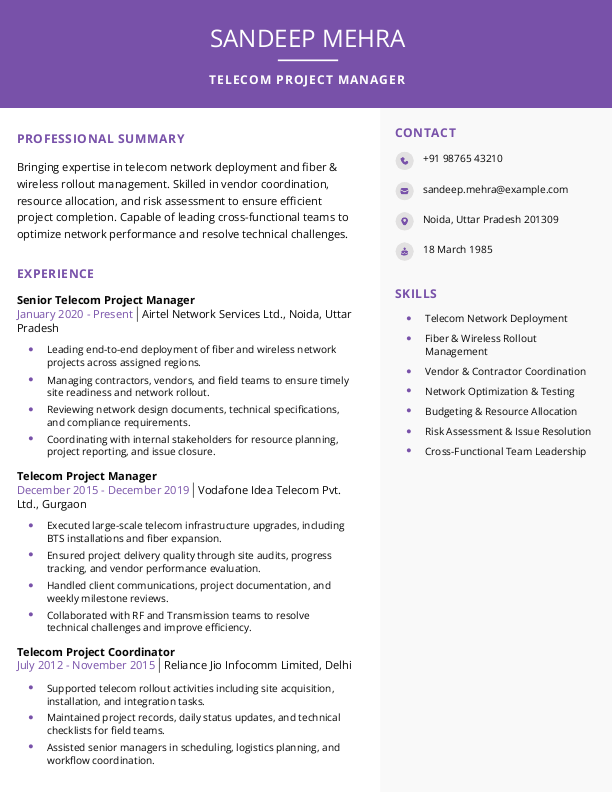 Telecom Project Manager Resume Format Free Download in Word