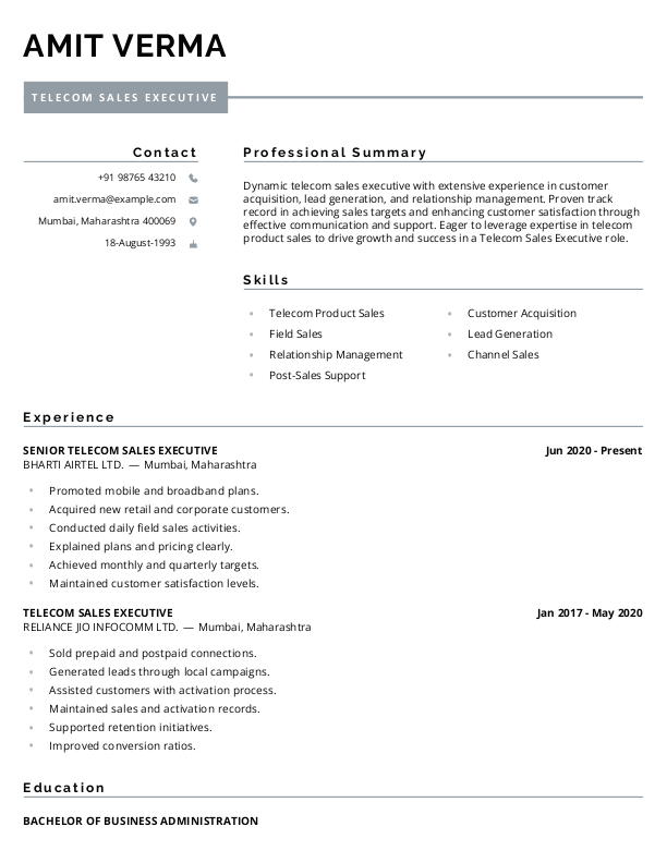 Telecom Sales Executive Resume format to Download & Edit in Word