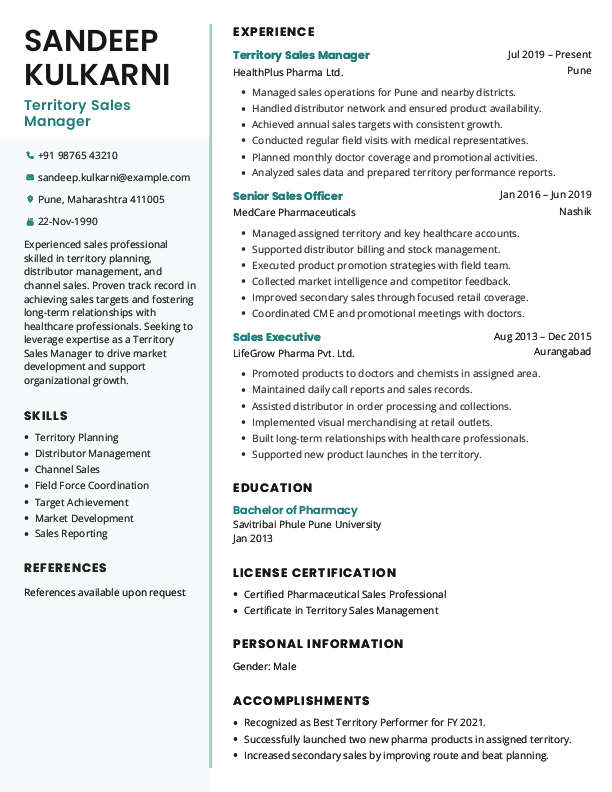 Territory Sales Manager Resume Format Free Download in Word