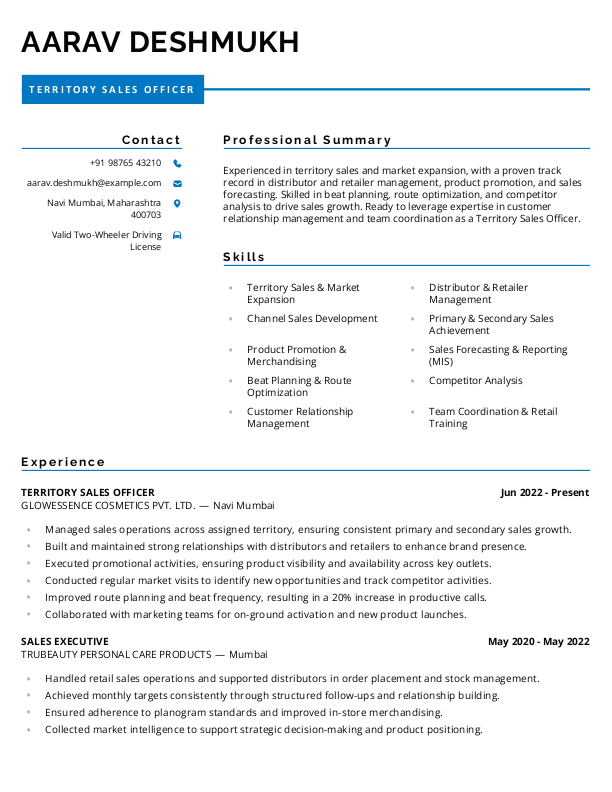 Territory Sales Officer Resume Format and Template in Word